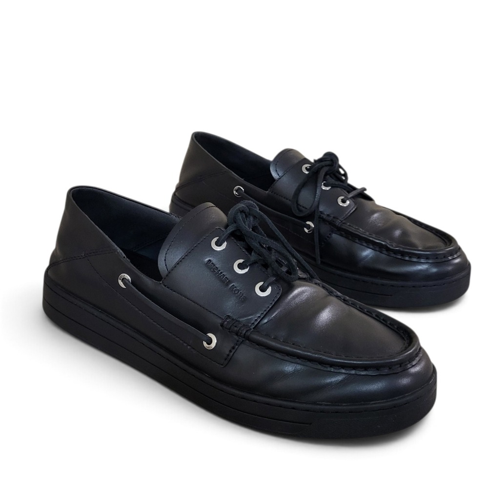 Michael Kors Mens 10.5 Aidan Leather Boat Shoe Loafers Black Quiet Luxury Preppy